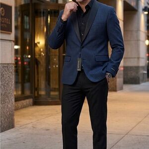 Bar III Designer Tuxedo Blazer – 40L – Navy Check Satin Lapel – Luxury Look NWT